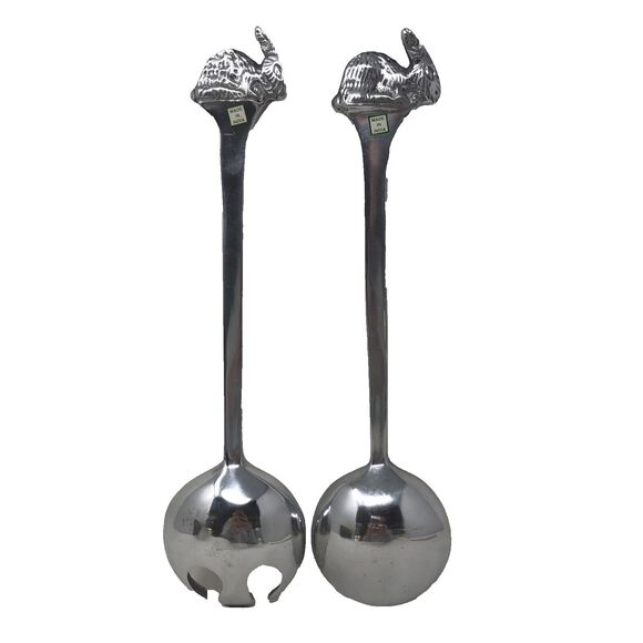 Pewter Bunny Rabbit Salad Serving Fork and Spoon 13" Easter NOS New Old Stock - Picture 6 of 8